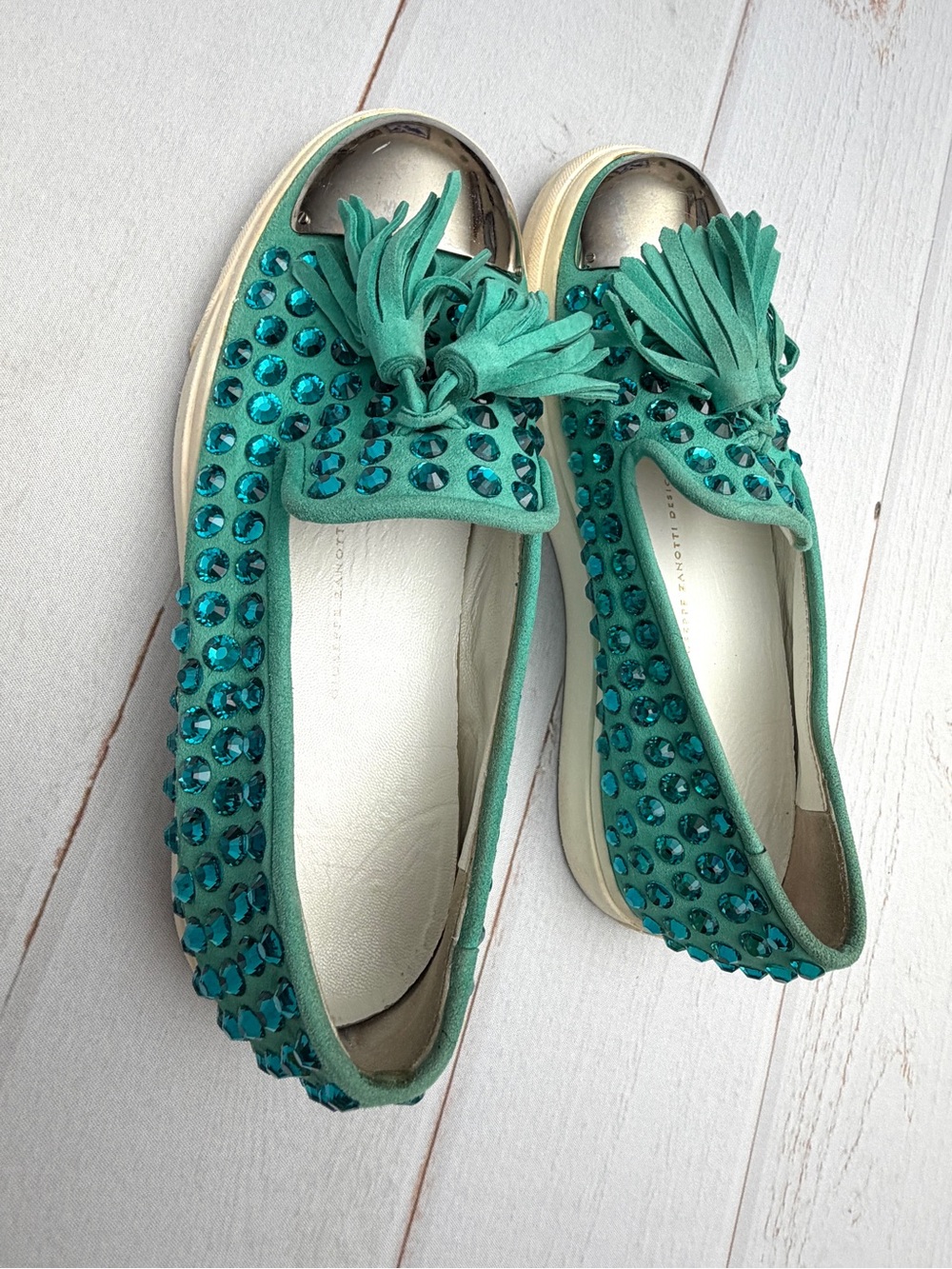 Giuseppe Zanotti Crystal Tassel Loafers Turquoise Suede Size EU 38 (US 8) Italy - Picture 7 of 12